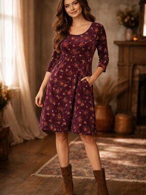 April Cornell Velvet Floral Dress Medium Plum Burgundy 3/4 Sleeve Knee Length
